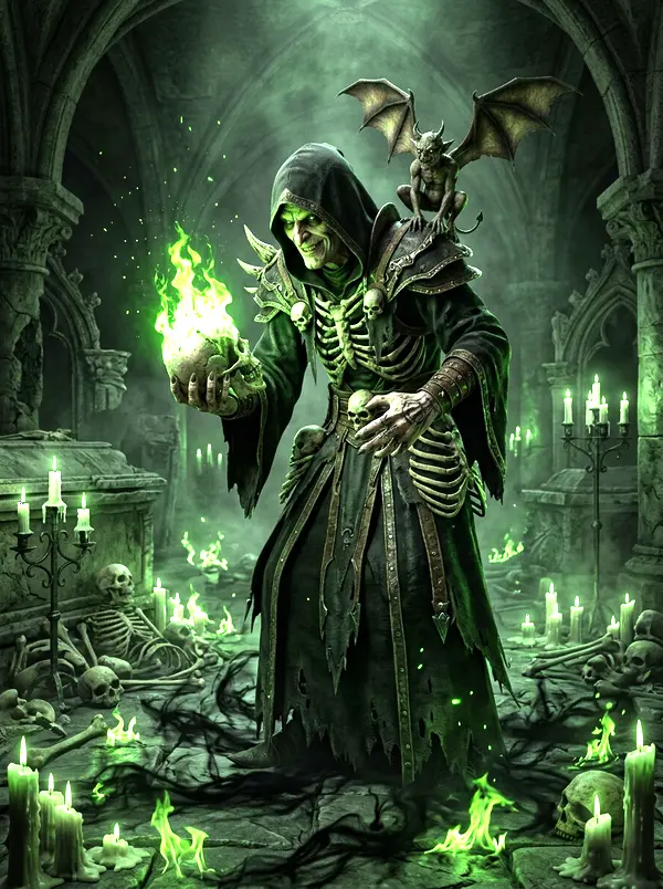 Ilustración original de un nigromante en una cripta con una calavera en llamas verdes y un diablillo en el hombro