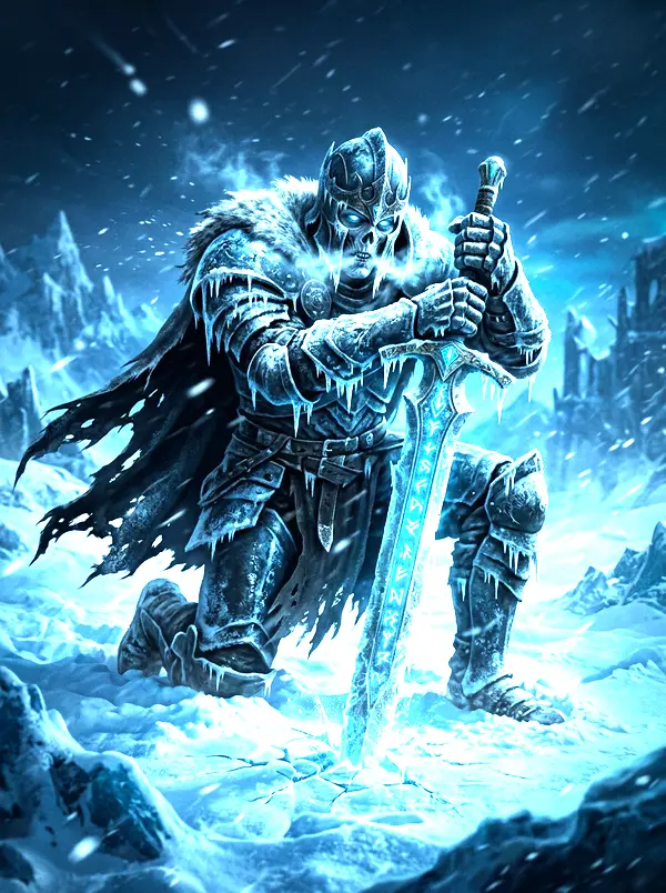 Ilustración original de un caballero no-muerto de escarcha arrodillado en la nieve con una espada de runas heladas