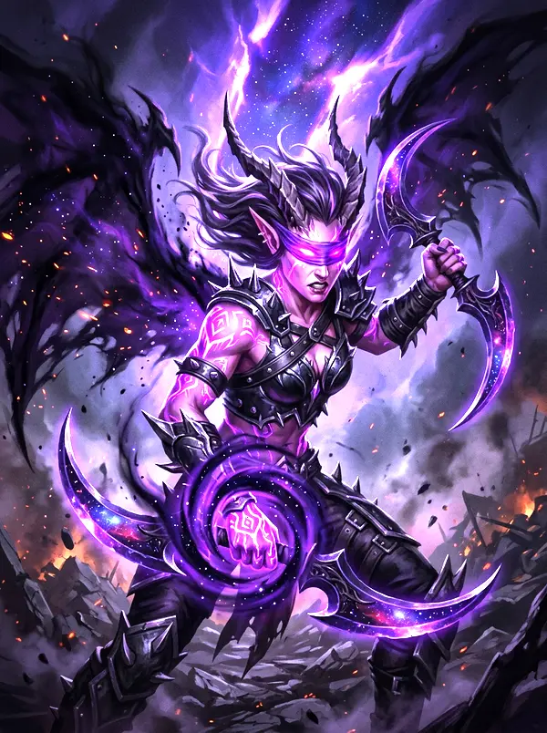 Ilustración original de una cazadora de demonios con cuernos y venda brillante devorando energía del vacío