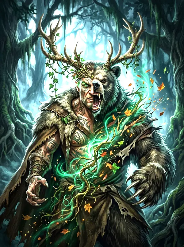 Ilustración original de un druida a medio transformarse en un enorme oso en un bosque a la luz de la luna