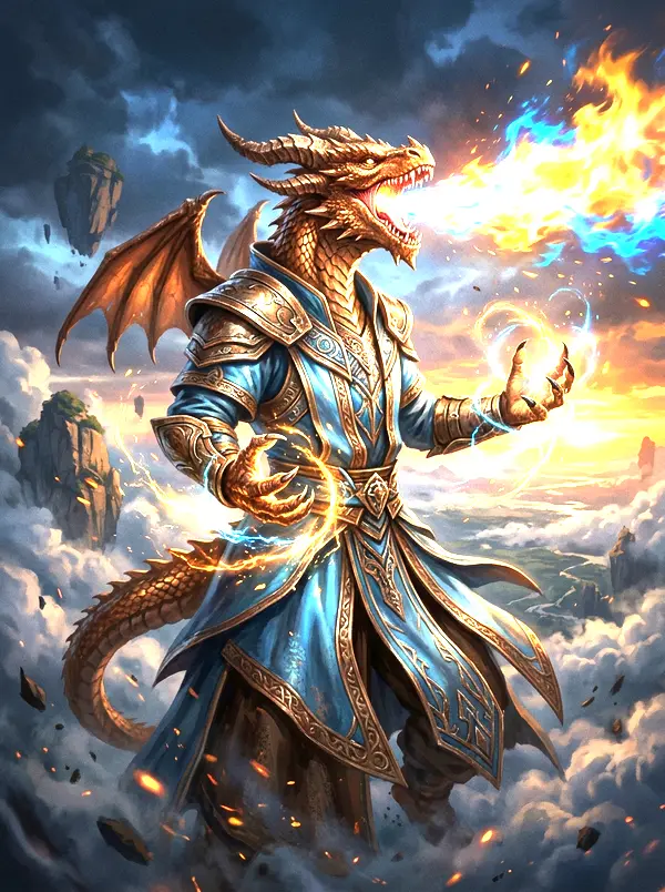 Ilustración original de un evocador de raza dragón lanzando un torrente de fuego elemental dorado y azul