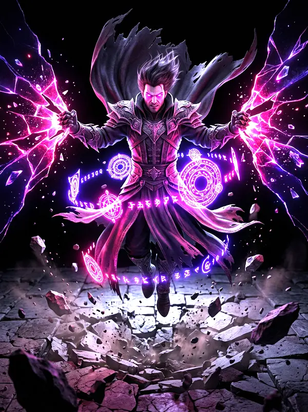 Ilustración original de un mago levitando que abre grietas arcanas en el aire