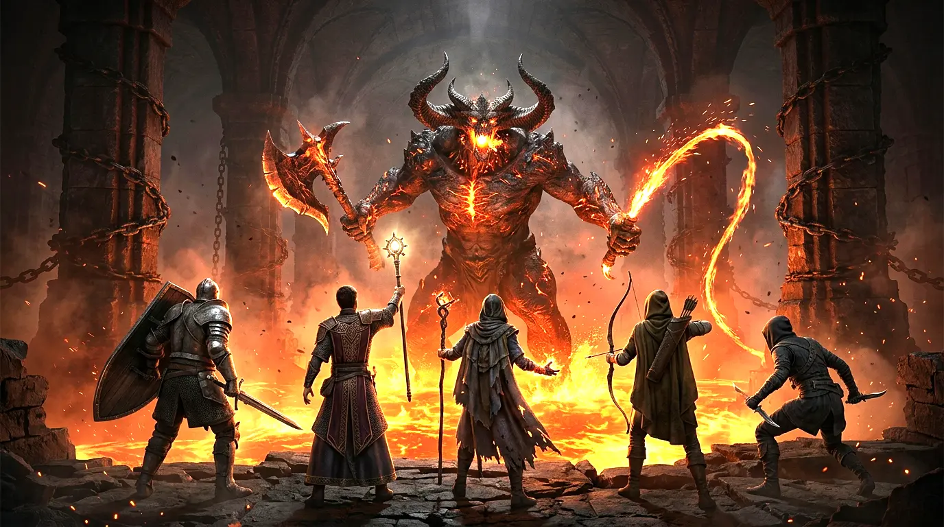 Ilustración original: un grupo de cinco aventureros de espaldas frente a un demonio gigante que surge de la lava en una mazmorra